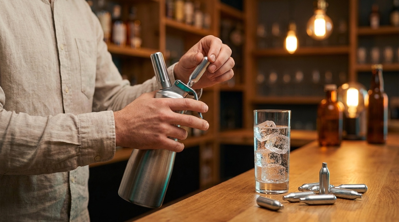 A bartender charging a stainless steel cream whipper with a gas cartridge at a bar counter, beside a glass of sparkling water and a scattering of cartridges